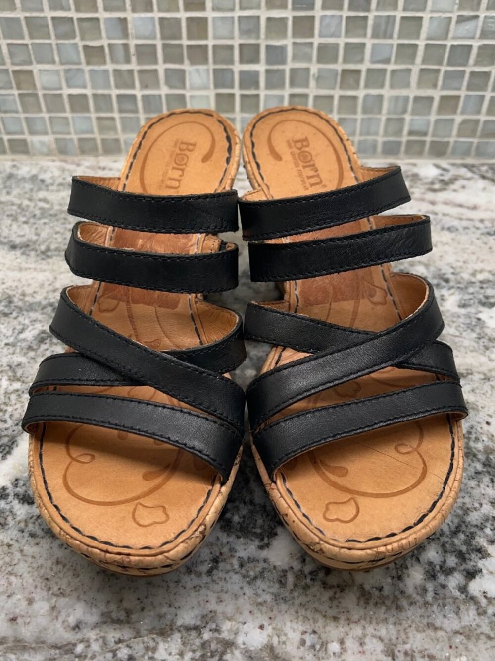 BORN Black Strappy Leather Wedge Sandals